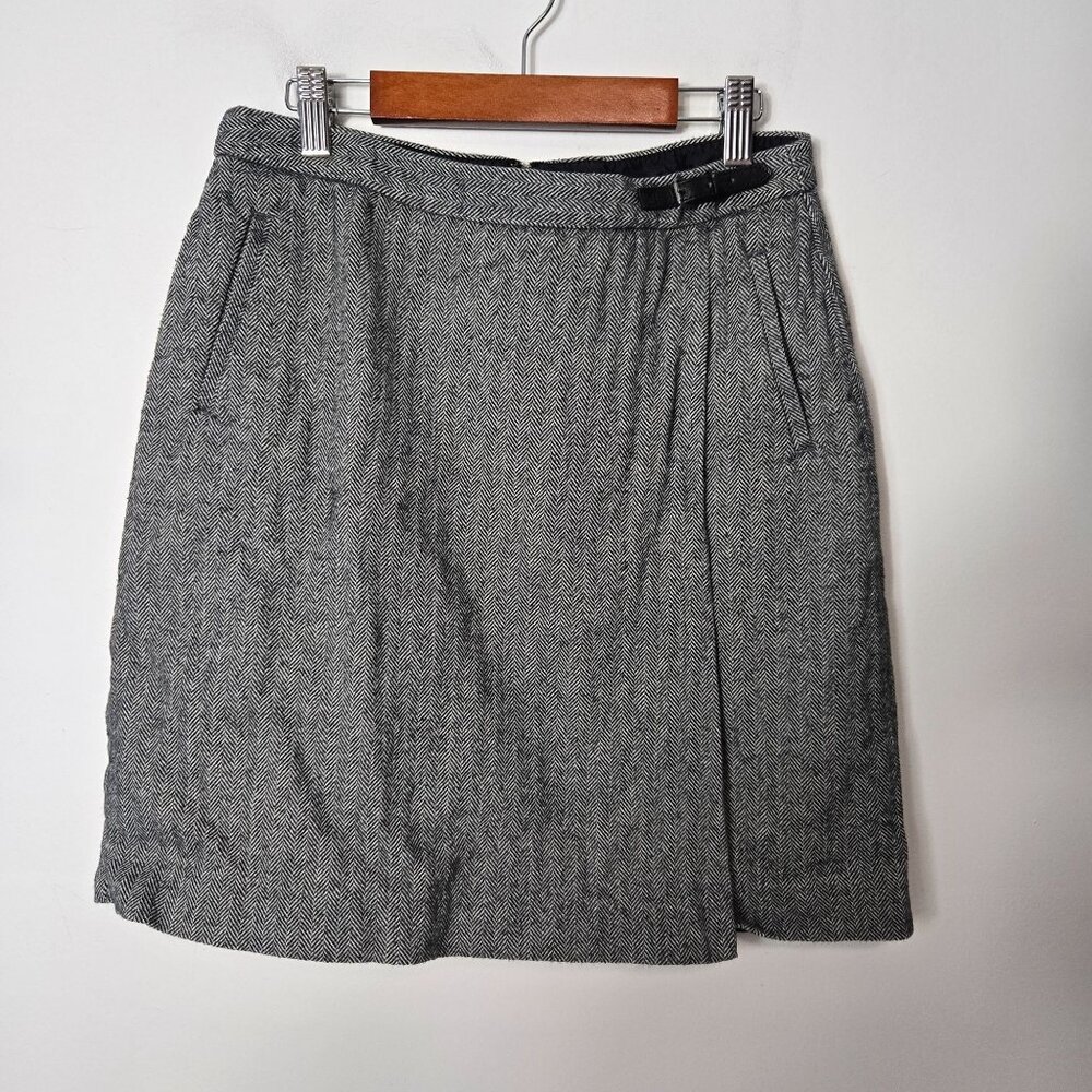 L.L. Bean Classic Fit Women's 4 Petite Faux Wrap Skirt Gray Herringbone Lined